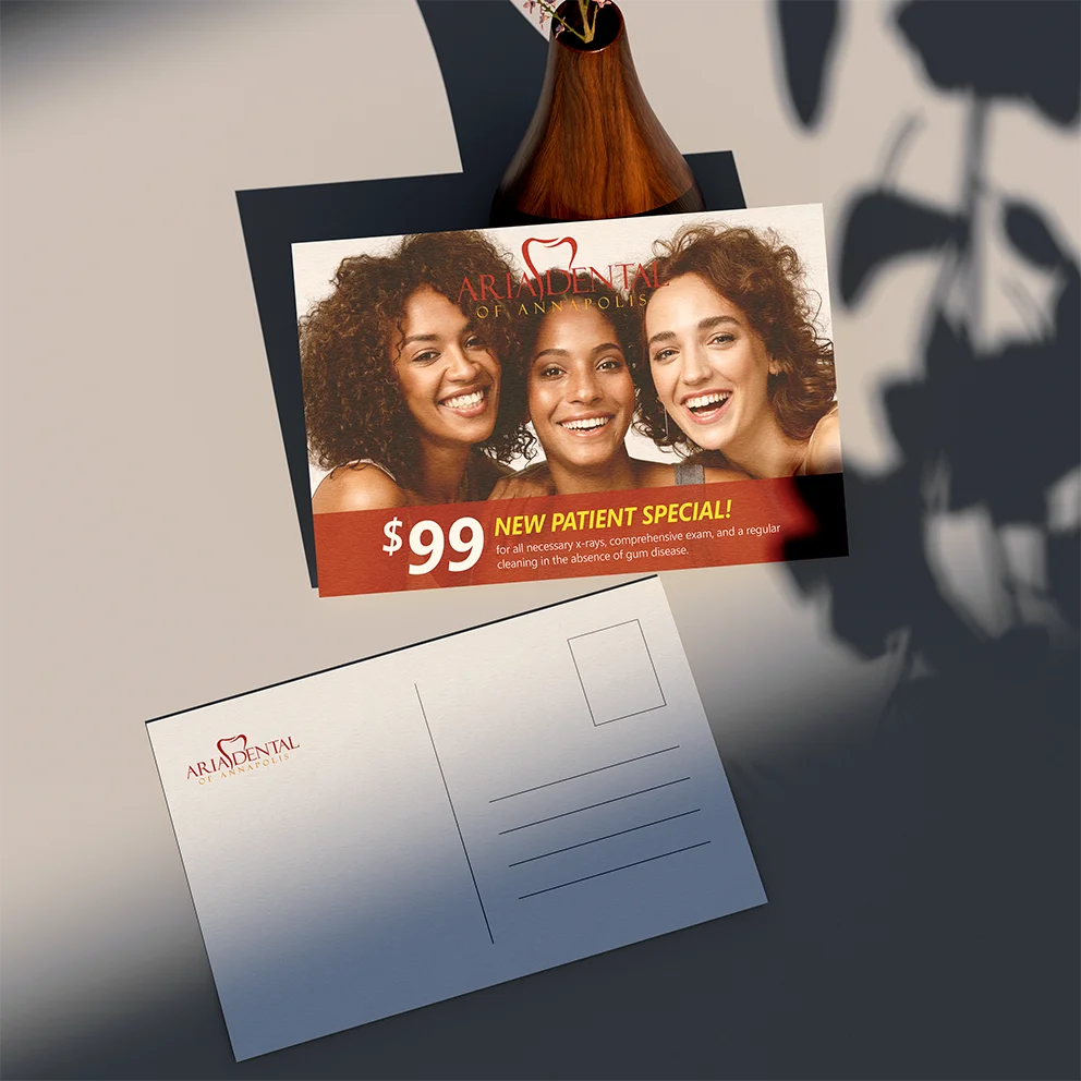 Thumbnail 3: Alternate front view of Aria Dental postcard design
